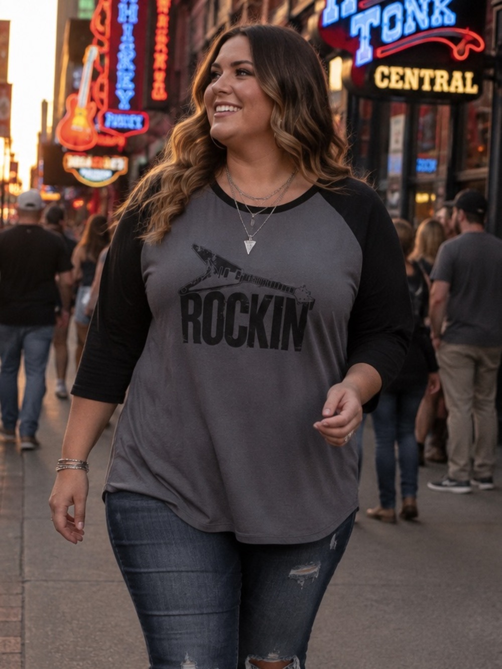 LuLaRoe Rockin' Guitar Graphic Baseball Tee Gray Black Raglan 2XL NWT NEW‎